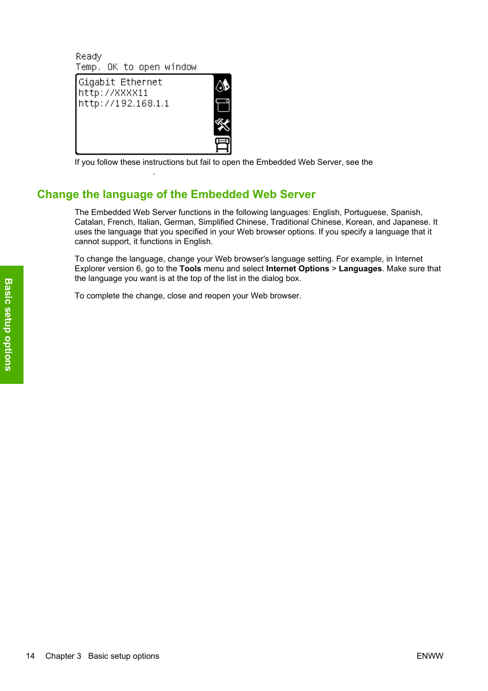 Change the language of the embedded web server | HP Designjet L25500 Printer series User Manual | Page 18 / 82