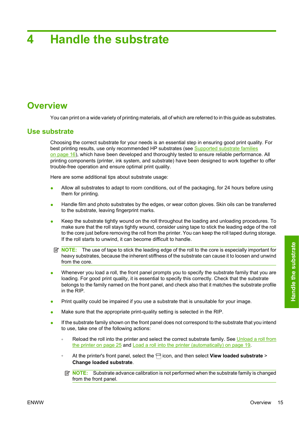 Handle the substrate, Overview, Use substrate | 4 handle the substrate, 4handle the substrate | HP Designjet L25500 Printer series User Manual | Page 19 / 82