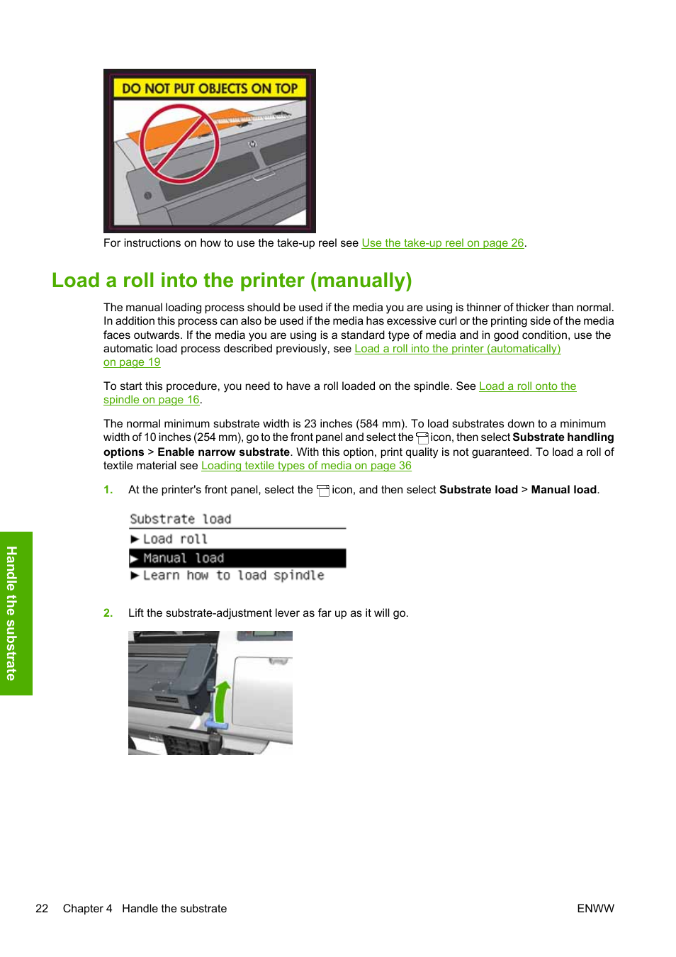 Load a roll into the printer (manually), Load a roll into the printer | HP Designjet L25500 Printer series User Manual | Page 26 / 82