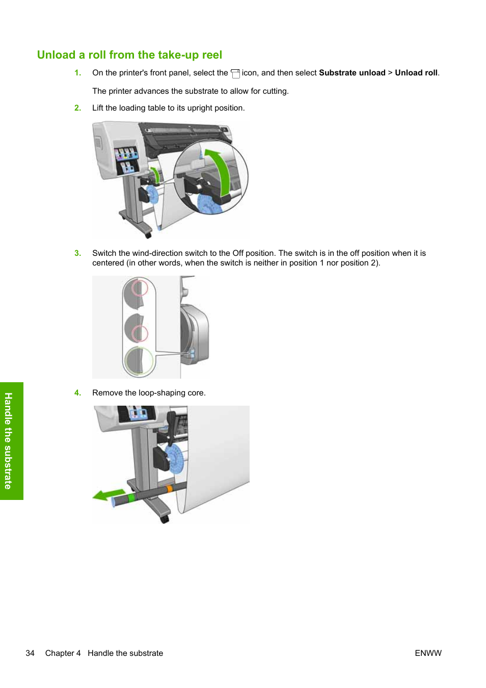 Unload a roll from the take-up reel | HP Designjet L25500 Printer series User Manual | Page 38 / 82
