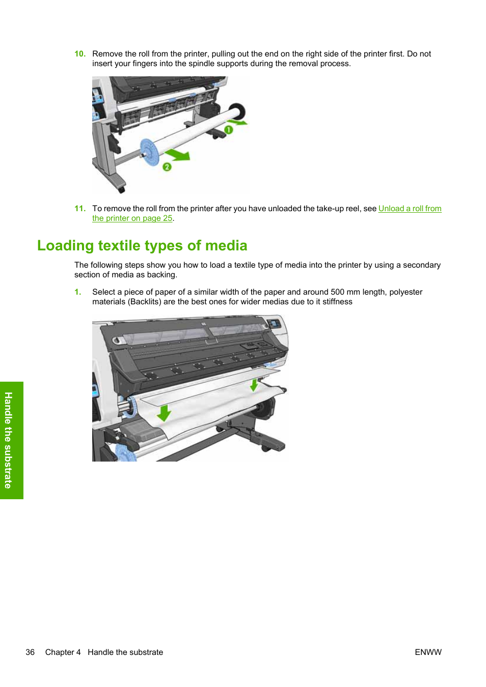 Loading textile types of media | HP Designjet L25500 Printer series User Manual | Page 40 / 82