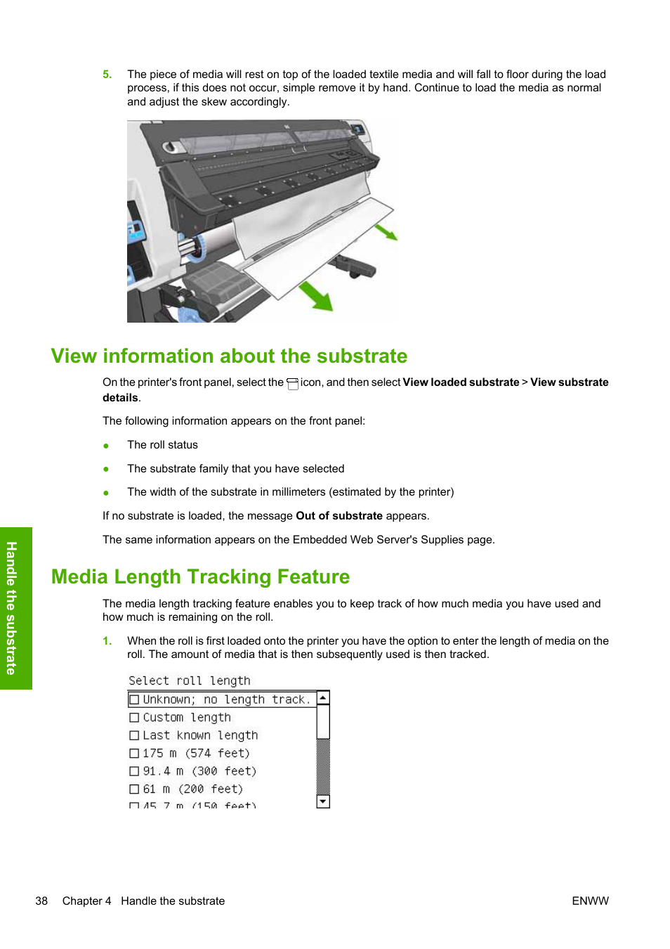 View information about the substrate, Media length tracking feature | HP Designjet L25500 Printer series User Manual | Page 42 / 82