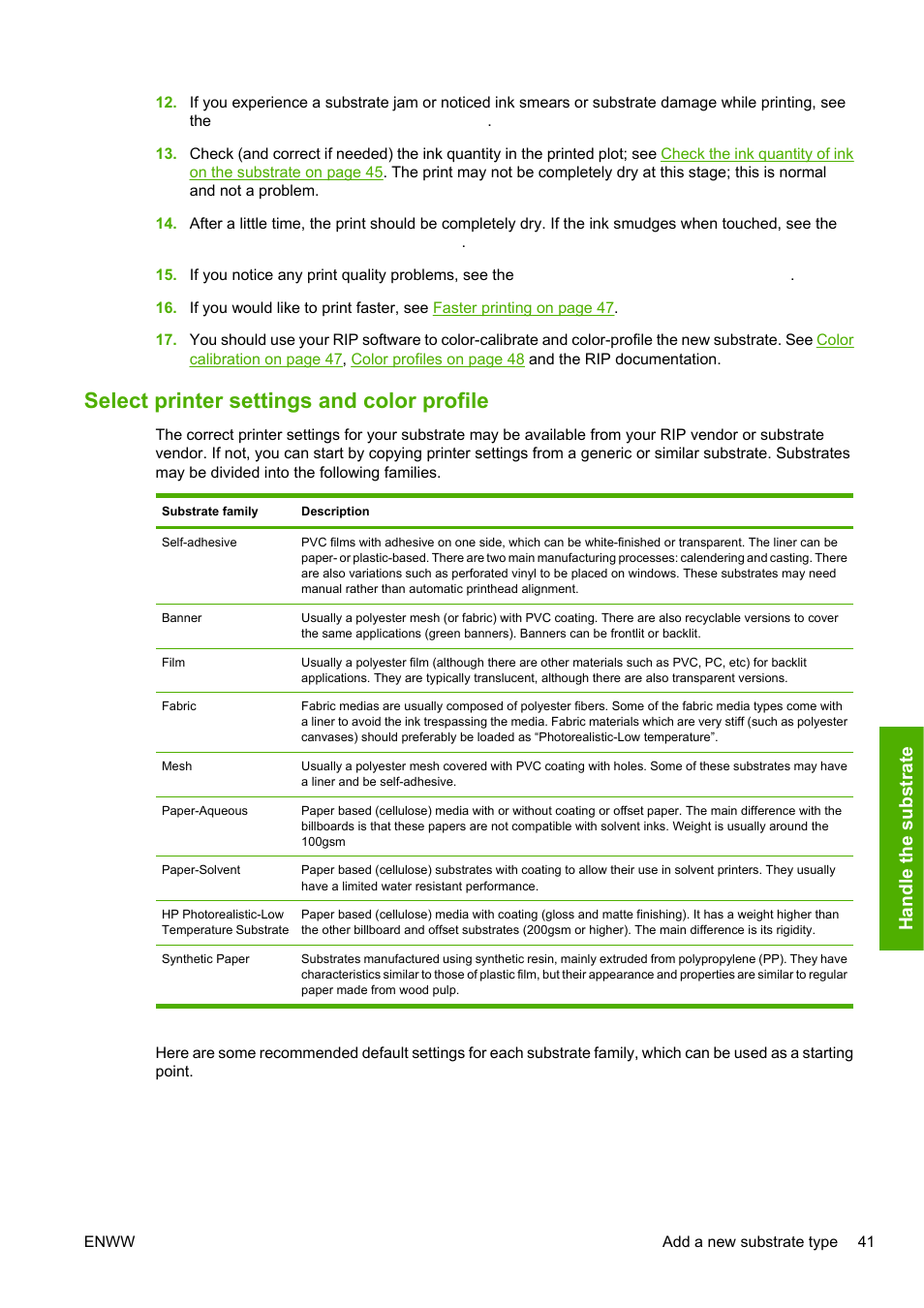 Select printer settings and color profile, Select printer settings and color, Select printer | Hand le the su bstrate | HP Designjet L25500 Printer series User Manual | Page 45 / 82