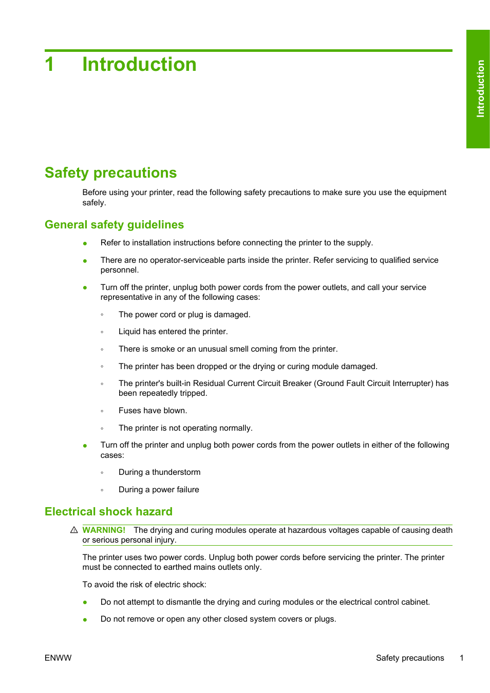 Introduction, Safety precautions, General safety guidelines | Electrical shock hazard, 1 introduction, 1introduction | HP Designjet L25500 Printer series User Manual | Page 5 / 82
