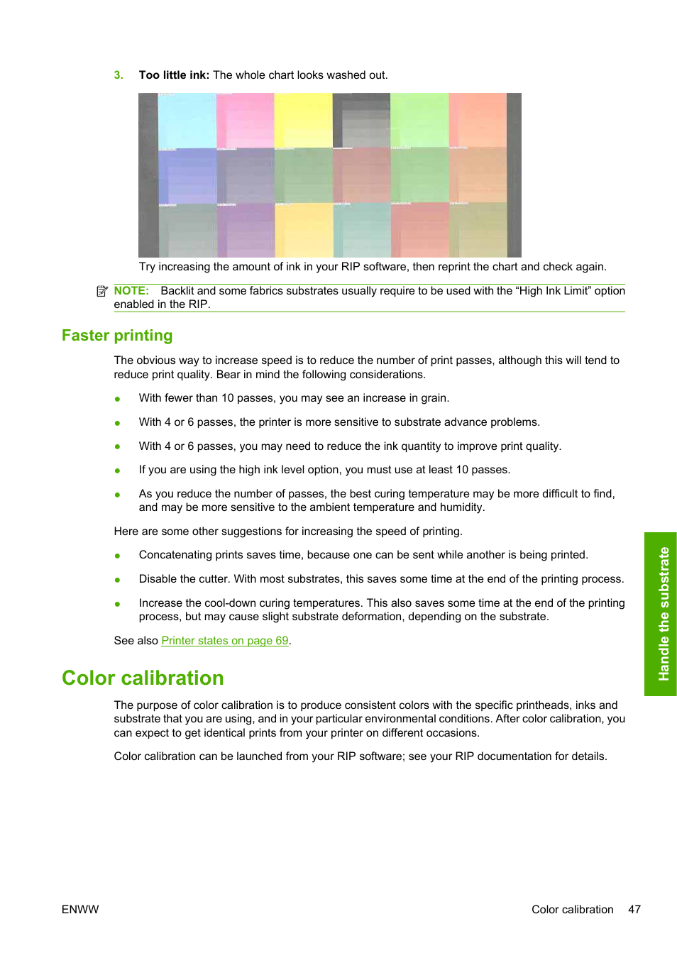 Faster printing, Color calibration, Color | HP Designjet L25500 Printer series User Manual | Page 51 / 82