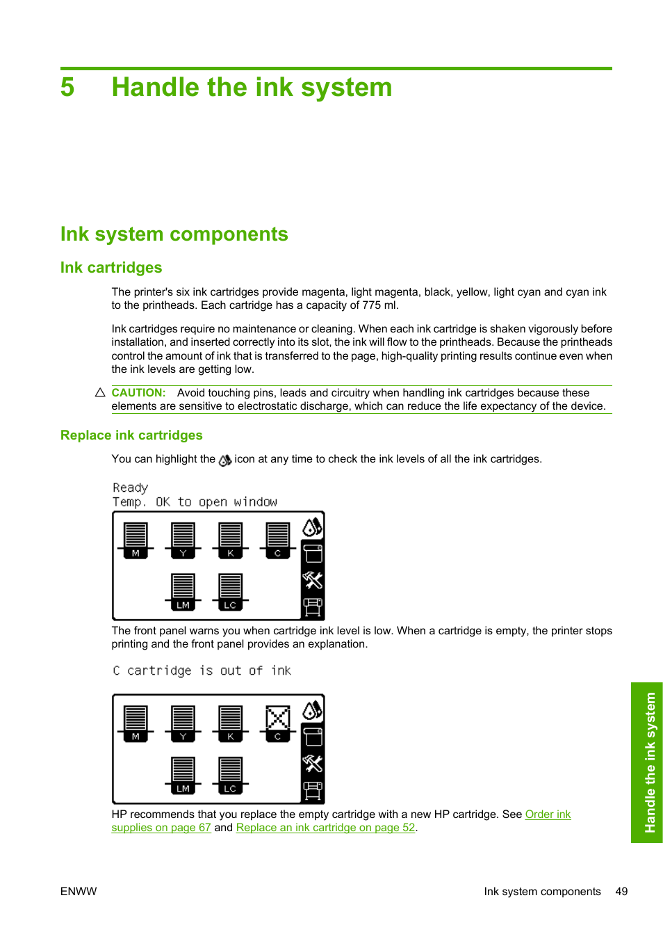 Handle the ink system, Ink system components, Ink cartridges | Replace ink cartridges, 5 handle the ink system, 5handle the ink system | HP Designjet L25500 Printer series User Manual | Page 53 / 82