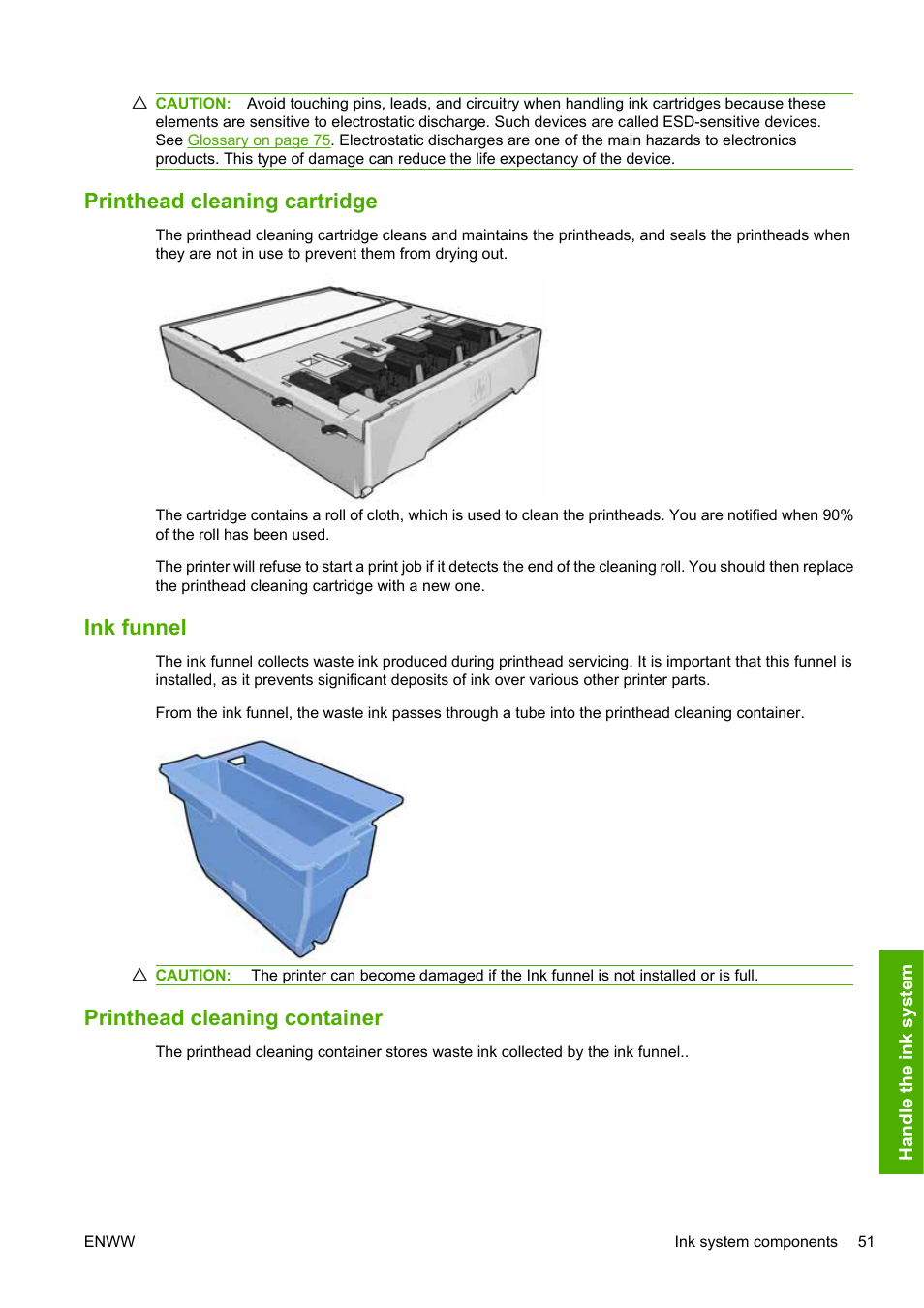 Printhead cleaning cartridge, Ink funnel, Printhead cleaning container | HP Designjet L25500 Printer series User Manual | Page 55 / 82