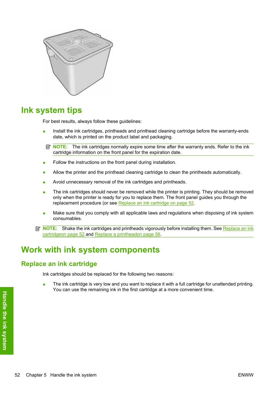 Ink system tips, Work with ink system components, Replace an ink cartridge | Ink system tips work with ink system components | HP Designjet L25500 Printer series User Manual | Page 56 / 82