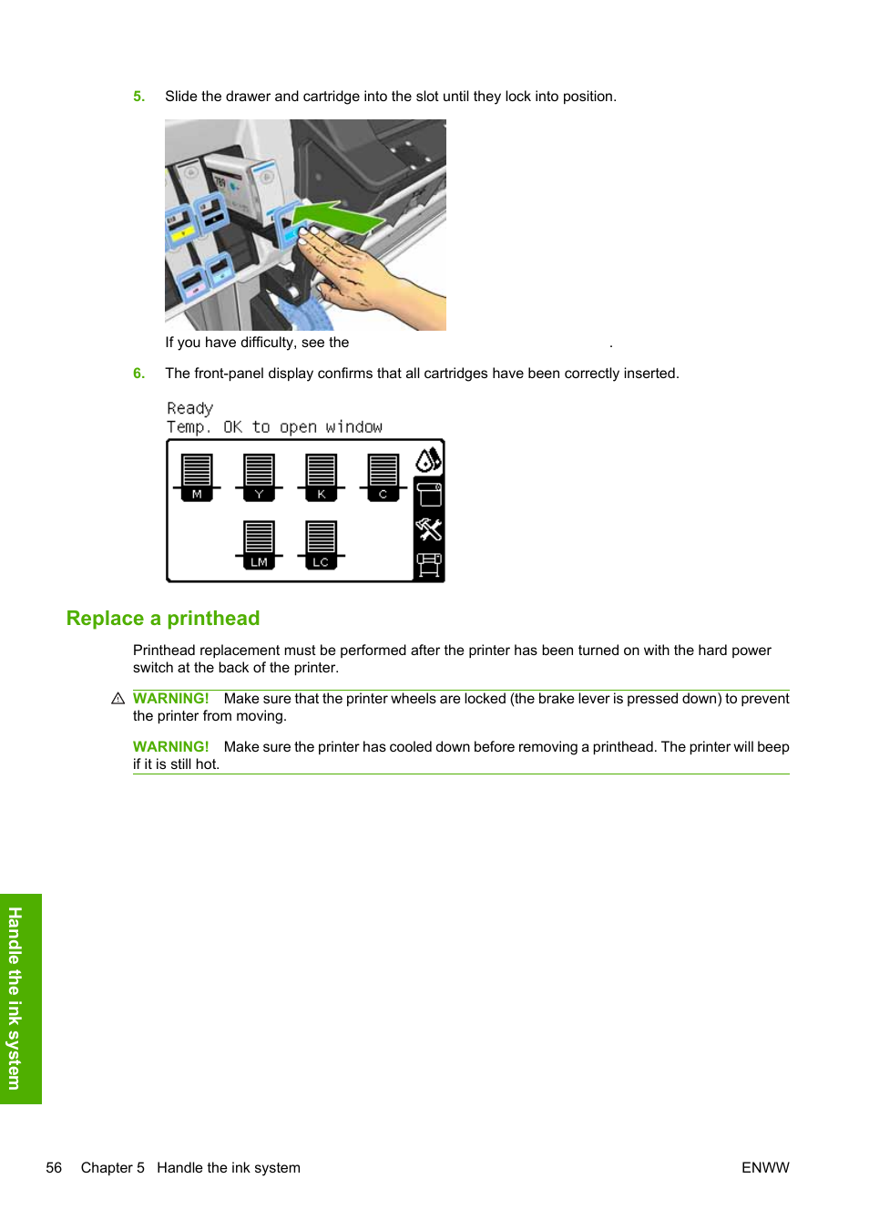 Replace a printhead | HP Designjet L25500 Printer series User Manual | Page 60 / 82