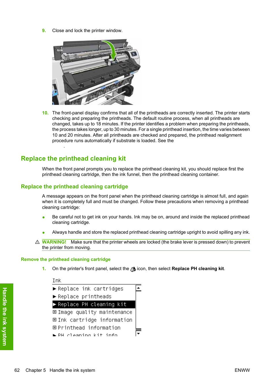 Replace the printhead cleaning kit, Replace the printhead cleaning cartridge | HP Designjet L25500 Printer series User Manual | Page 66 / 82