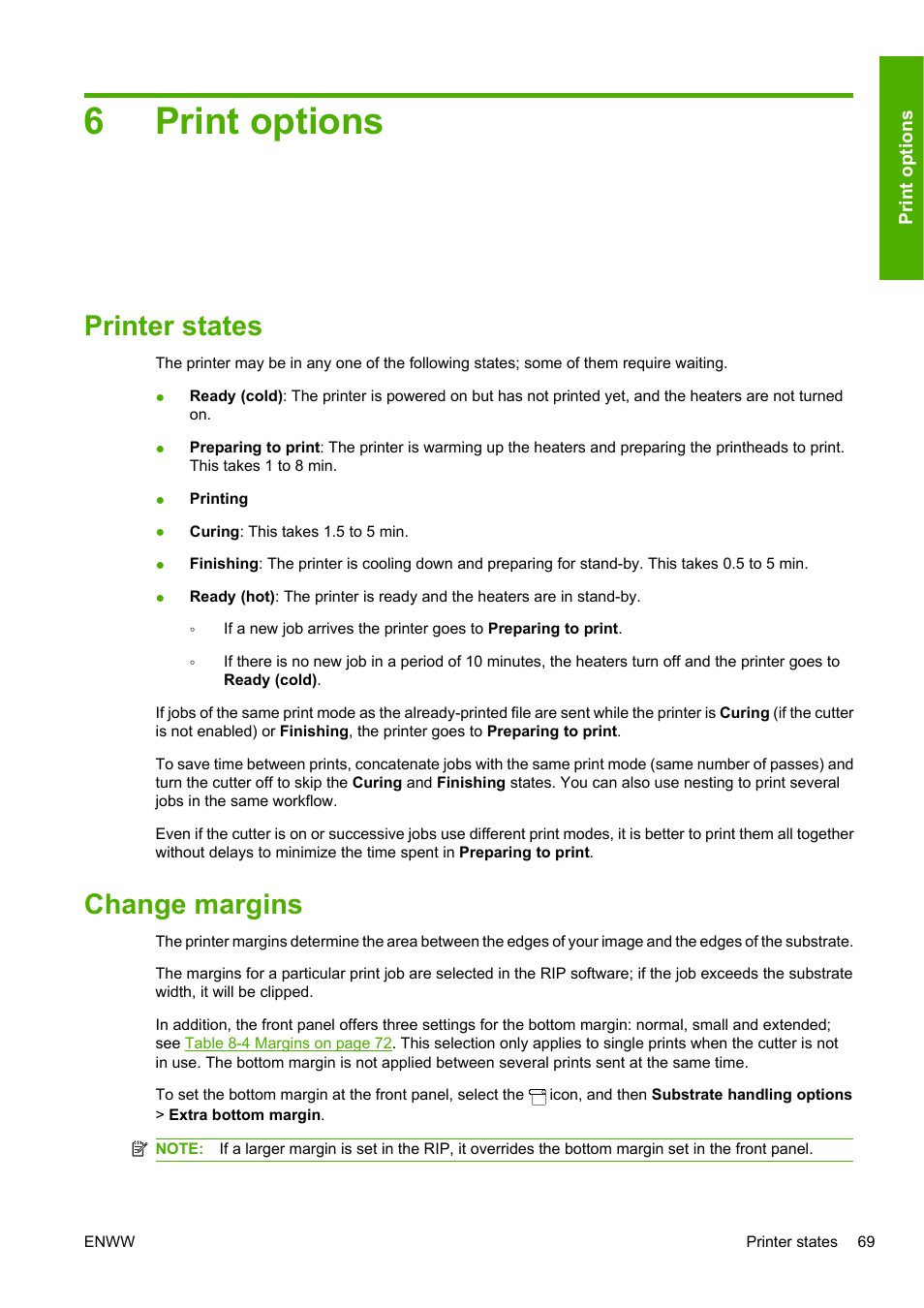 Print options, Printer states, Change margins | 6 print options, Printer states change margins, 6print options | HP Designjet L25500 Printer series User Manual | Page 73 / 82