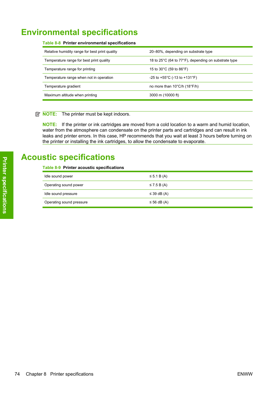 Environmental specifications, Acoustic specifications, Prin ter sp ecificatio ns | HP Designjet L25500 Printer series User Manual | Page 78 / 82