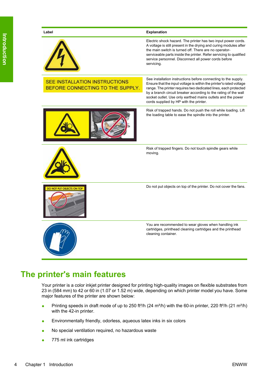 The printer's main features, Introduction | HP Designjet L25500 Printer series User Manual | Page 8 / 82