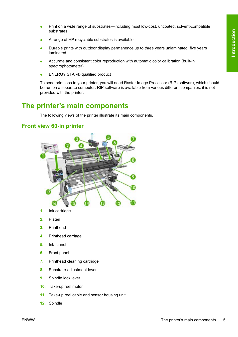 The printer's main components, Front view 60-in printer | HP Designjet L25500 Printer series User Manual | Page 9 / 82