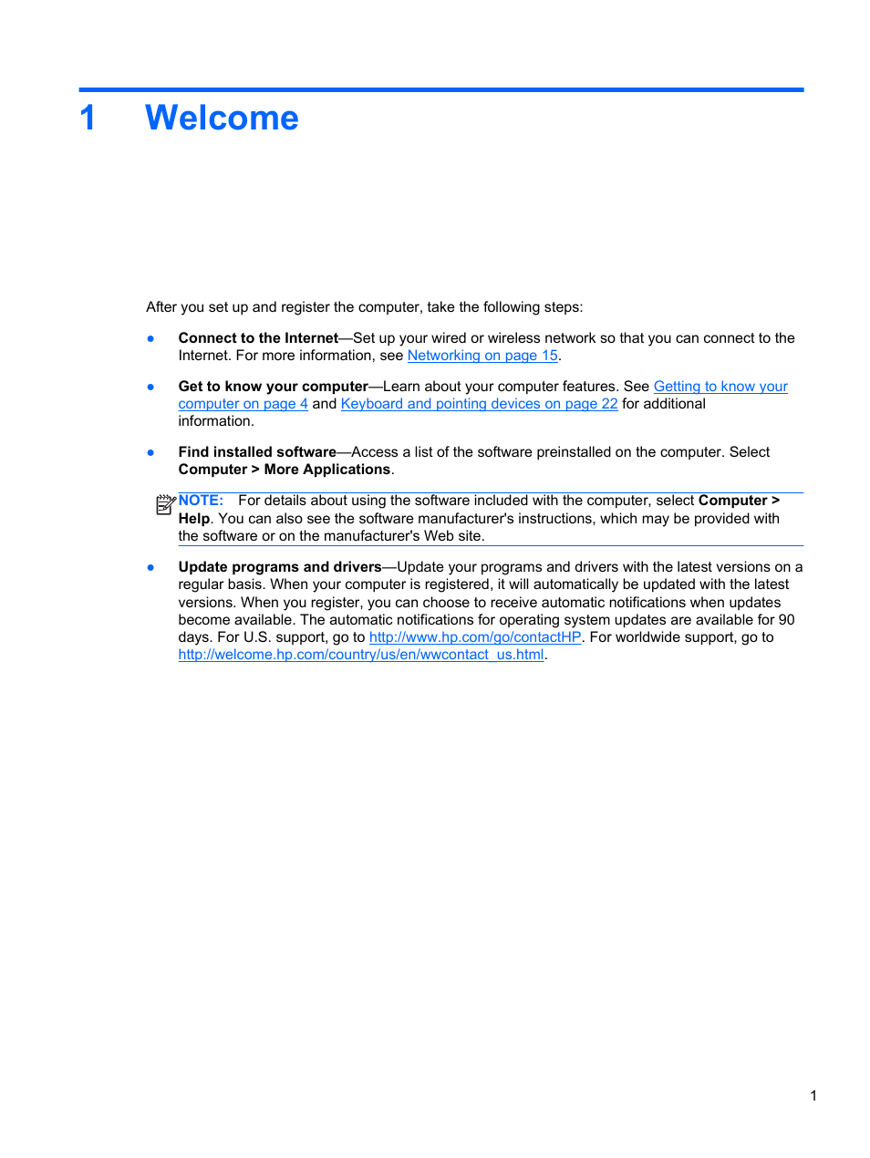 Welcome, 1 welcome, 1welcome | HP EliteBook 2170p Notebook PC User Manual | Page 11 / 100