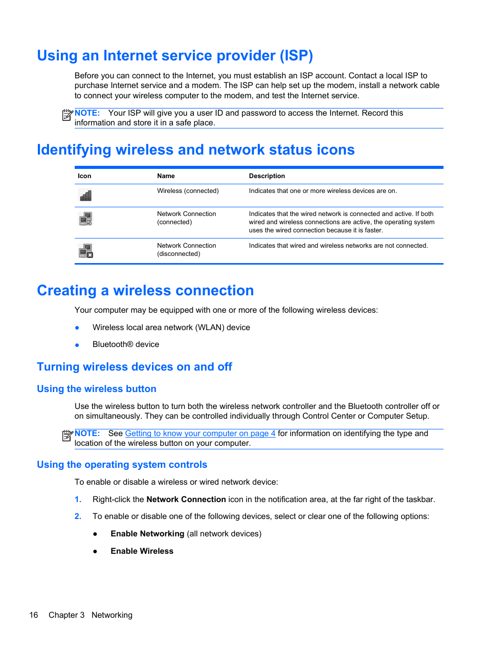 Using an internet service provider (isp), Identifying wireless and network status icons, Creating a wireless connection | Turning wireless devices on and off, Using the wireless button, Using the operating system controls | HP EliteBook 2170p Notebook PC User Manual | Page 26 / 100