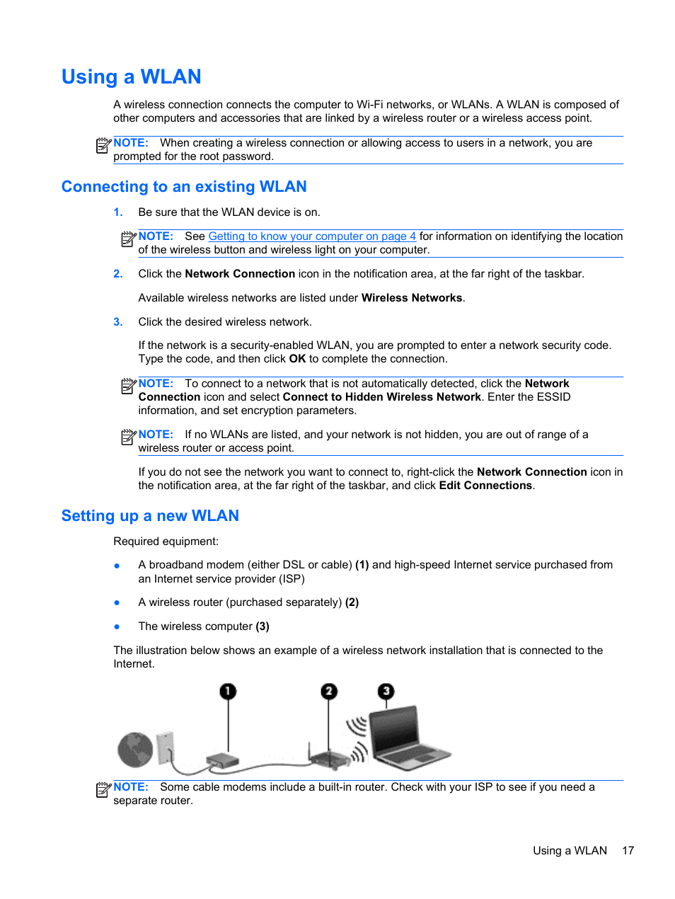 Using a wlan, Connecting to an existing wlan, Setting up a new wlan | Connecting to an | HP EliteBook 2170p Notebook PC User Manual | Page 27 / 100