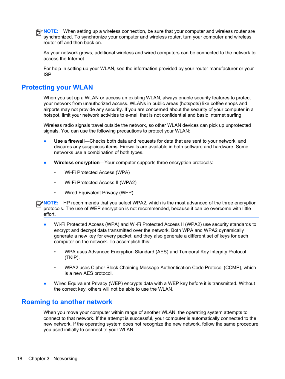 Protecting your wlan, Roaming to another network, Protecting your wlan roaming to another network | HP EliteBook 2170p Notebook PC User Manual | Page 28 / 100