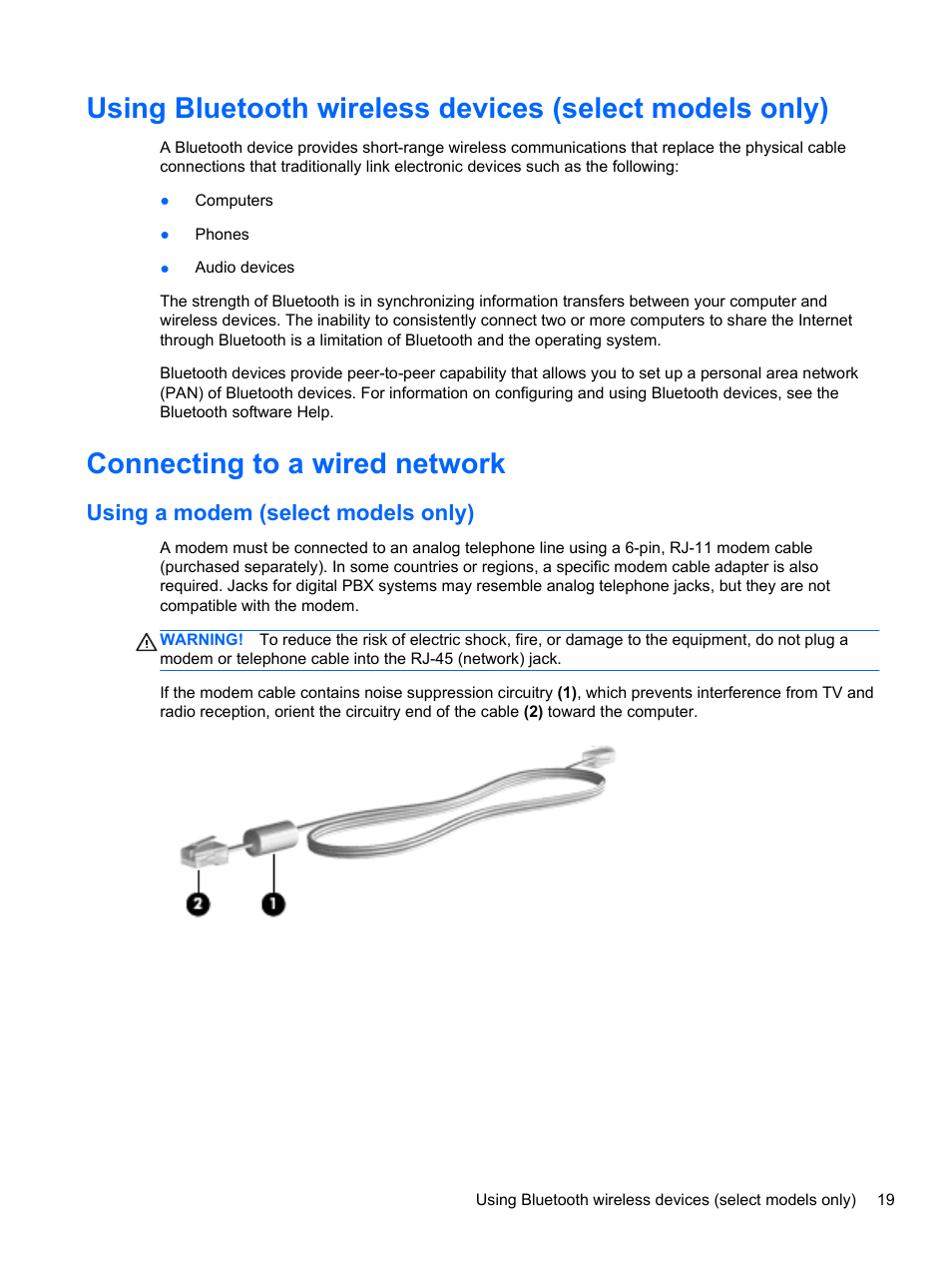 Connecting to a wired network, Using a modem (select models only) | HP EliteBook 2170p Notebook PC User Manual | Page 29 / 100