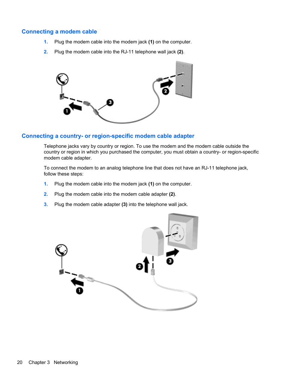 Connecting a modem cable | HP EliteBook 2170p Notebook PC User Manual | Page 30 / 100