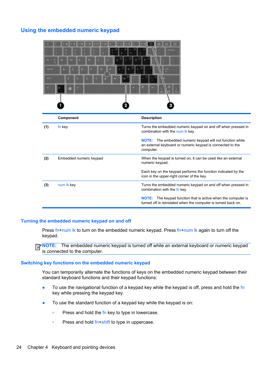 Using the embedded numeric keypad, Turning the embedded numeric keypad on and off | HP EliteBook 2170p Notebook PC User Manual | Page 34 / 100