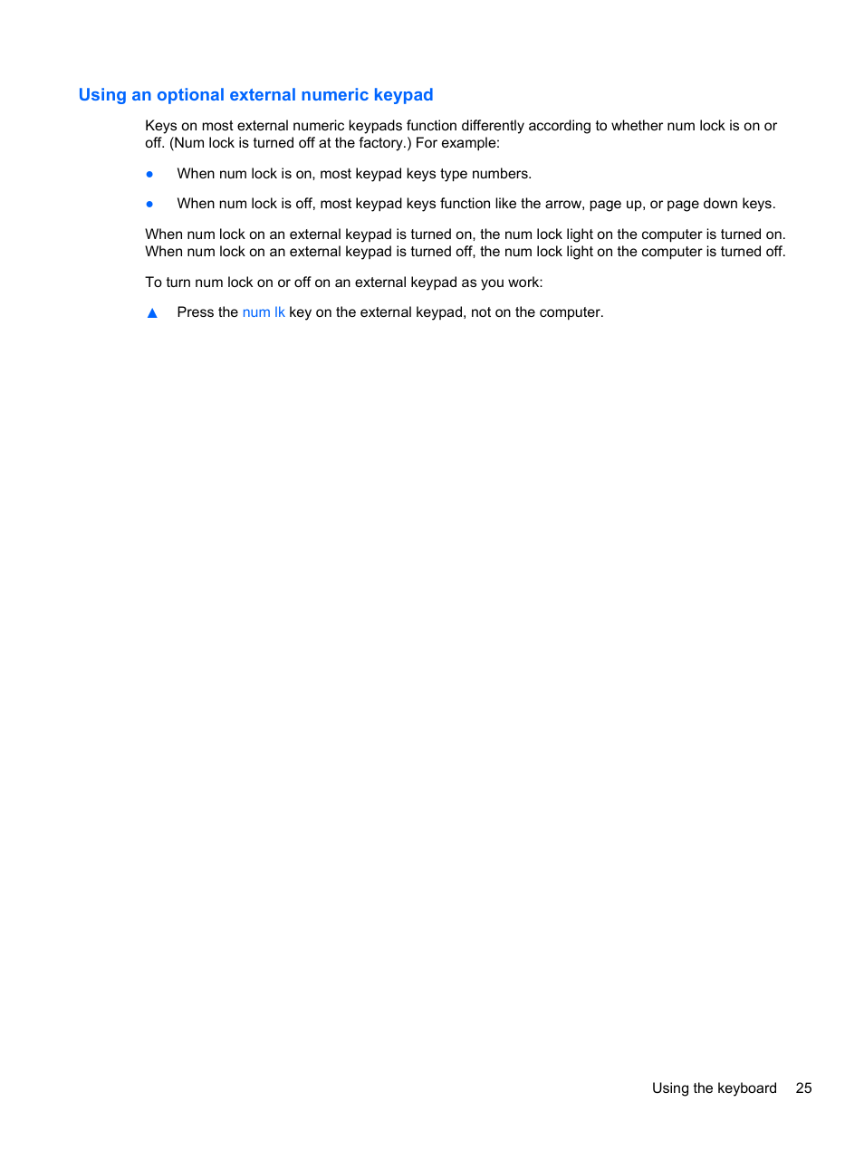 Using an optional external numeric keypad | HP EliteBook 2170p Notebook PC User Manual | Page 35 / 100