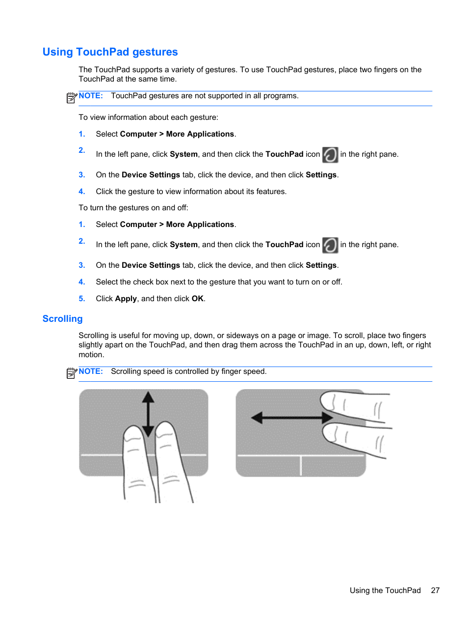 Using touchpad gestures, Scrolling | HP EliteBook 2170p Notebook PC User Manual | Page 37 / 100