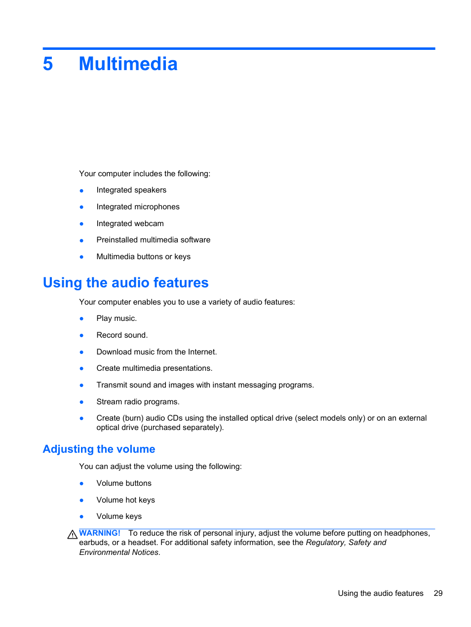 Multimedia, Using the audio features, Adjusting the volume | 5 multimedia, 5multimedia | HP EliteBook 2170p Notebook PC User Manual | Page 39 / 100