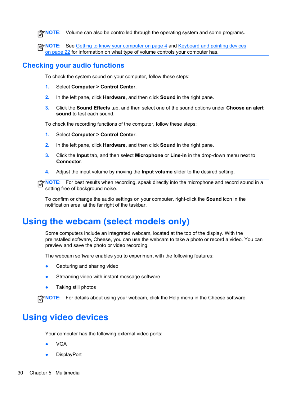 Checking your audio functions, Using the webcam (select models only), Using video devices | HP EliteBook 2170p Notebook PC User Manual | Page 40 / 100