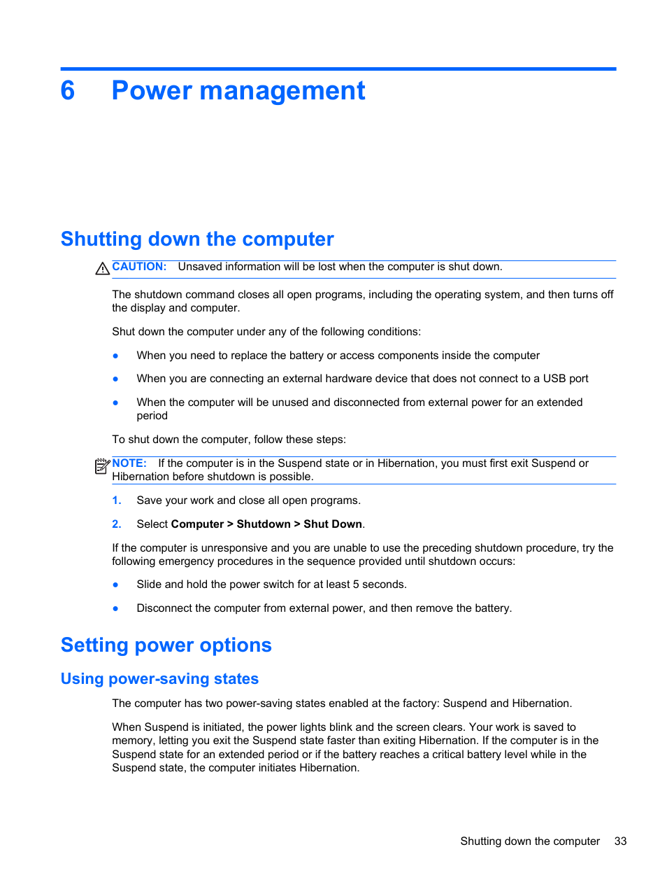 Power management, Shutting down the computer, Setting power options | Using power-saving states, 6 power management, Shutting down the computer setting power options, 6power management | HP EliteBook 2170p Notebook PC User Manual | Page 43 / 100