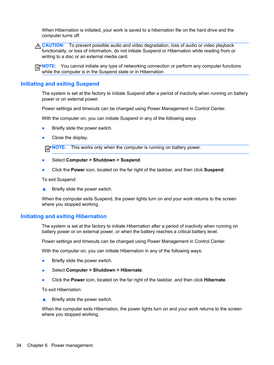Initiating and exiting suspend, Initiating and exiting hibernation | HP EliteBook 2170p Notebook PC User Manual | Page 44 / 100