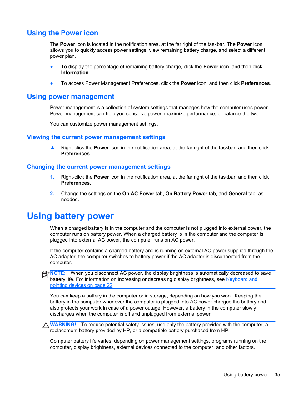 Using the power icon, Using power management, Viewing the current power management settings | Changing the current power management settings, Using battery power, Using the power icon using power management | HP EliteBook 2170p Notebook PC User Manual | Page 45 / 100