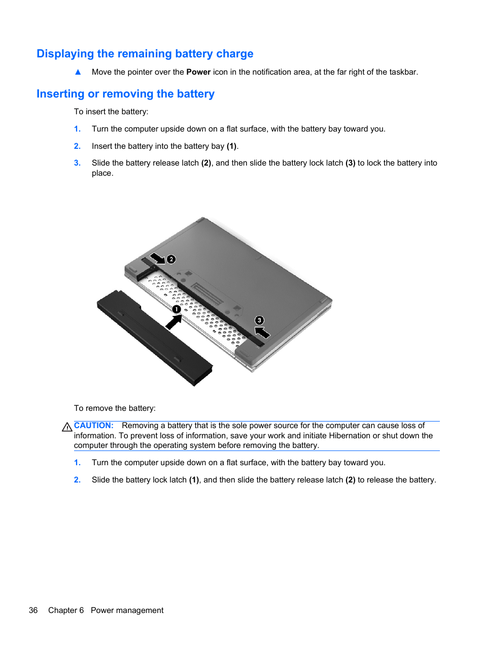 Displaying the remaining battery charge, Inserting or removing the battery | HP EliteBook 2170p Notebook PC User Manual | Page 46 / 100