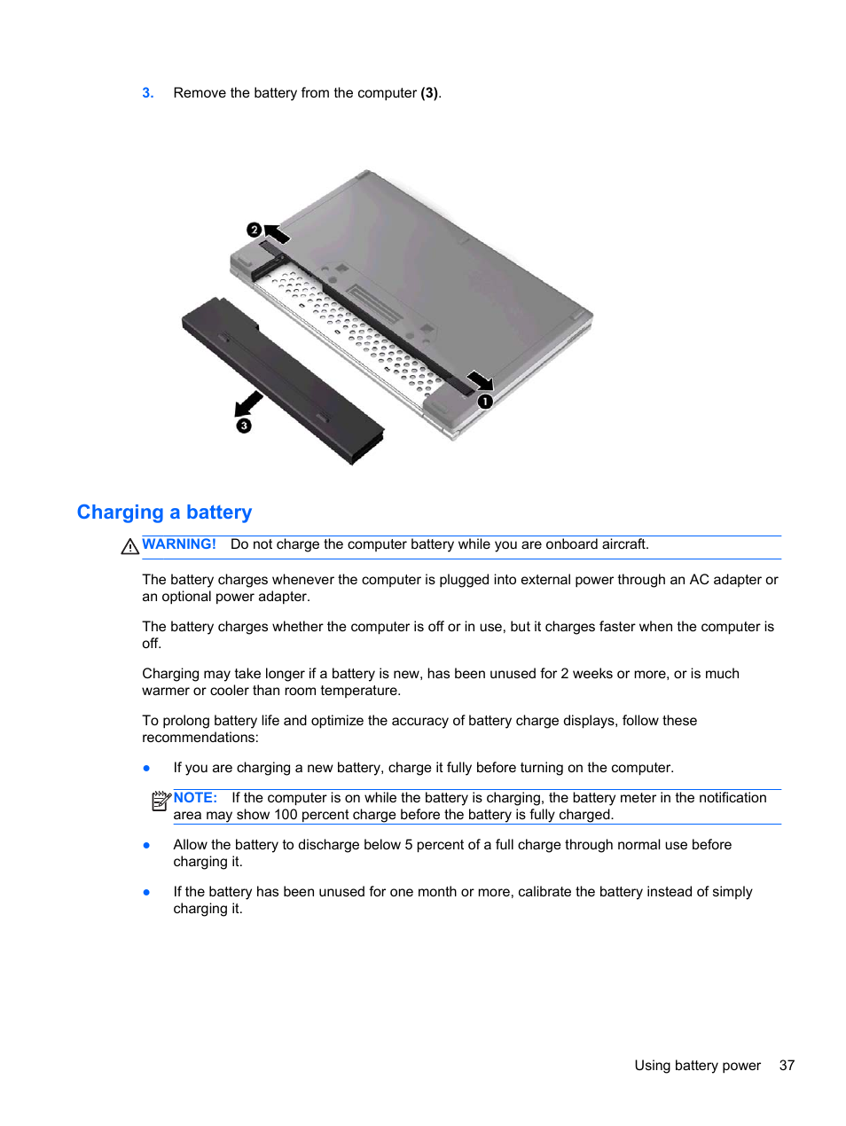 Charging a battery | HP EliteBook 2170p Notebook PC User Manual | Page 47 / 100
