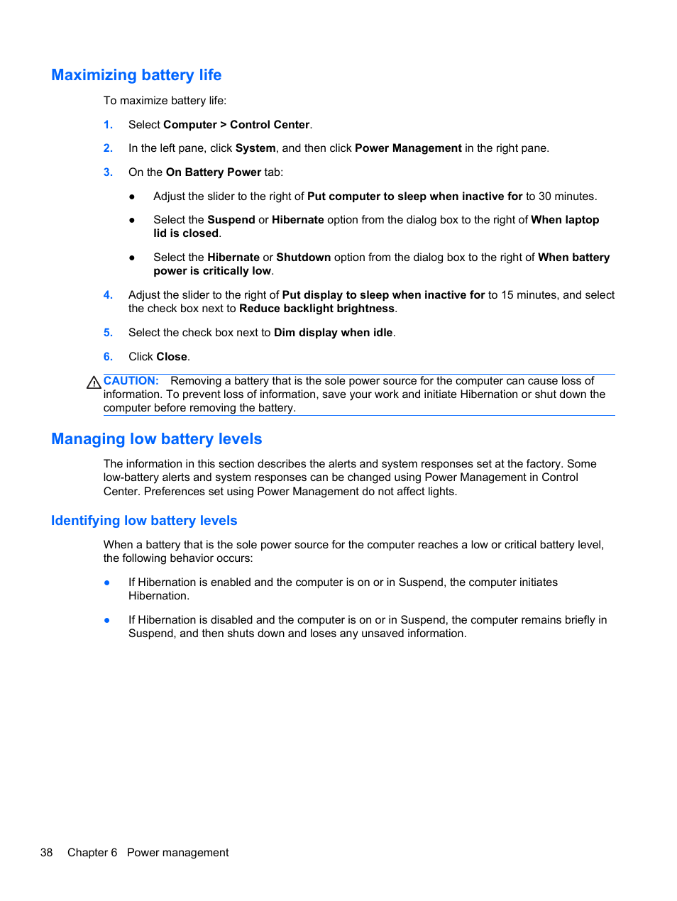 Maximizing battery life, Managing low battery levels, Identifying low battery levels | HP EliteBook 2170p Notebook PC User Manual | Page 48 / 100