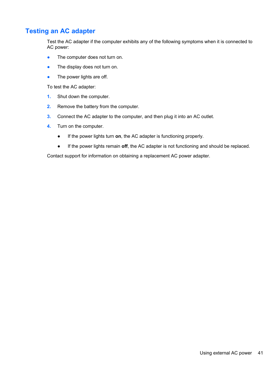 Testing an ac adapter | HP EliteBook 2170p Notebook PC User Manual | Page 51 / 100