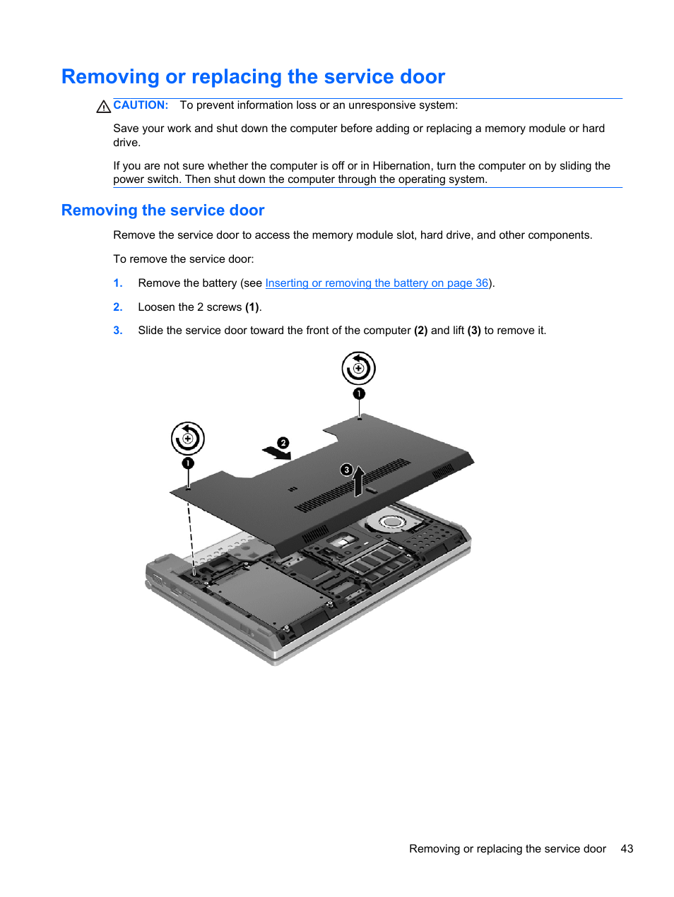 Removing or replacing the service door, Removing the service door | HP EliteBook 2170p Notebook PC User Manual | Page 53 / 100