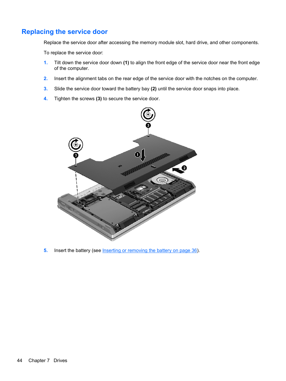 Replacing the service door | HP EliteBook 2170p Notebook PC User Manual | Page 54 / 100