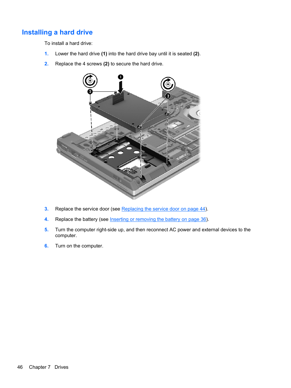 Installing a hard drive | HP EliteBook 2170p Notebook PC User Manual | Page 56 / 100