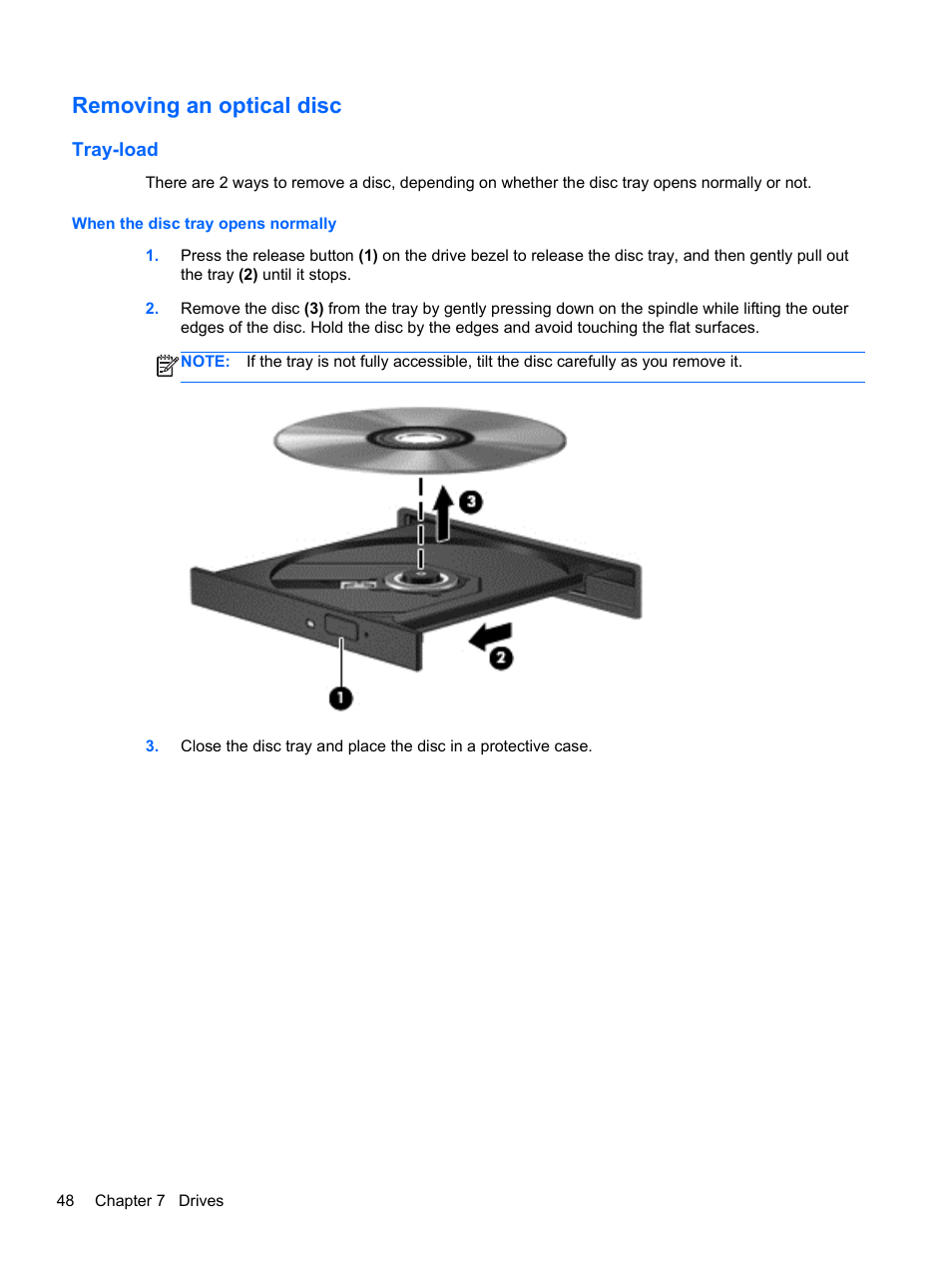 Removing an optical disc, Tray-load, When the disc tray opens normally | HP EliteBook 2170p Notebook PC User Manual | Page 58 / 100