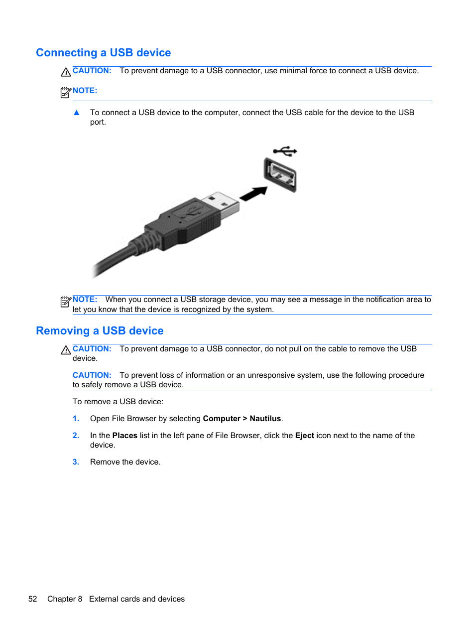 Connecting a usb device, Removing a usb device, Connecting a usb device removing a usb device | HP EliteBook 2170p Notebook PC User Manual | Page 62 / 100