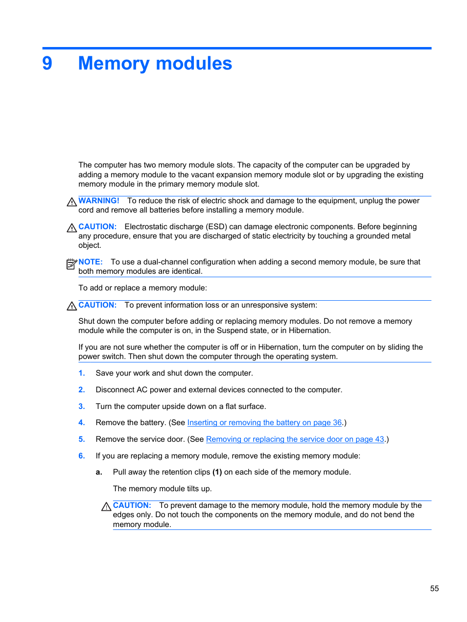 Memory modules, 9 memory modules | HP EliteBook 2170p Notebook PC User Manual | Page 65 / 100