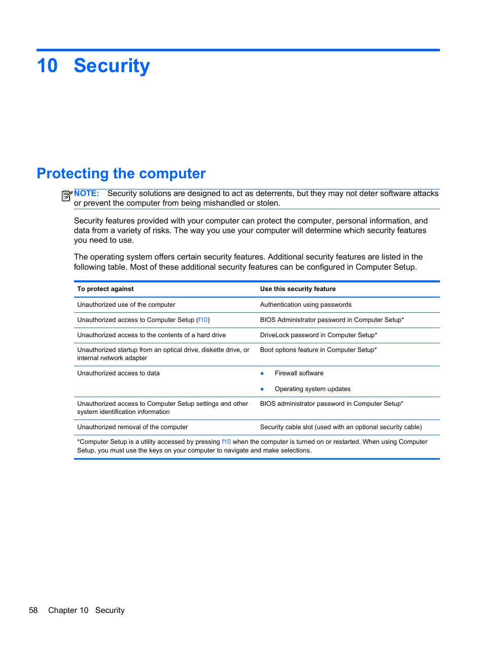 Security, Protecting the computer, 10 security | HP EliteBook 2170p Notebook PC User Manual | Page 68 / 100