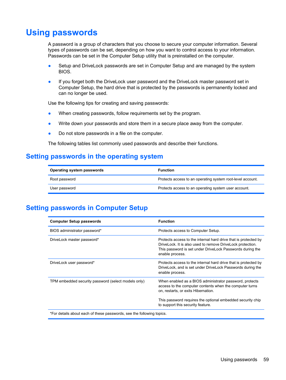 Using passwords, Setting passwords in the operating system, Setting passwords in computer setup | HP EliteBook 2170p Notebook PC User Manual | Page 69 / 100