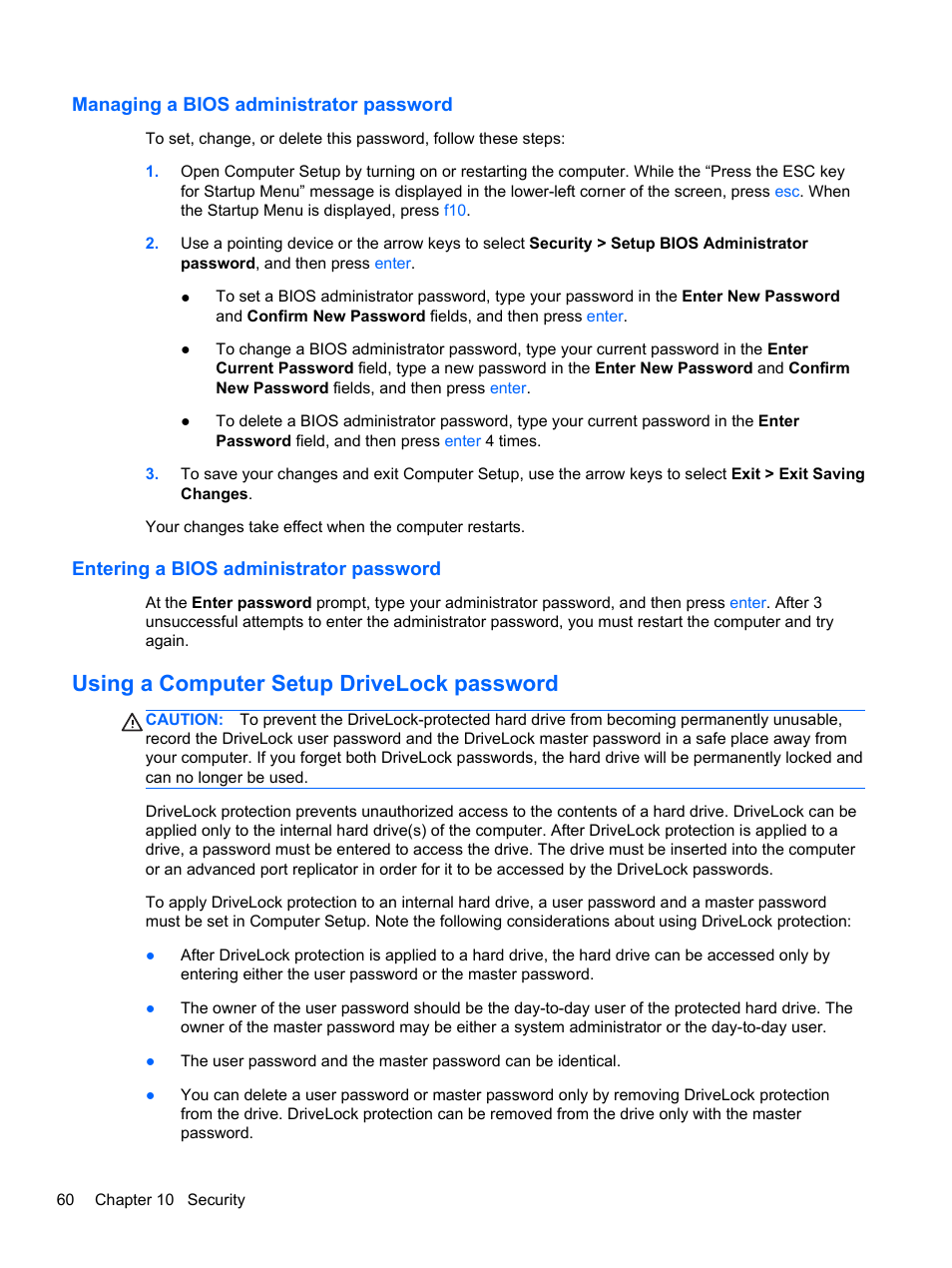 Managing a bios administrator password, Entering a bios administrator password, Using a computer setup drivelock password | HP EliteBook 2170p Notebook PC User Manual | Page 70 / 100