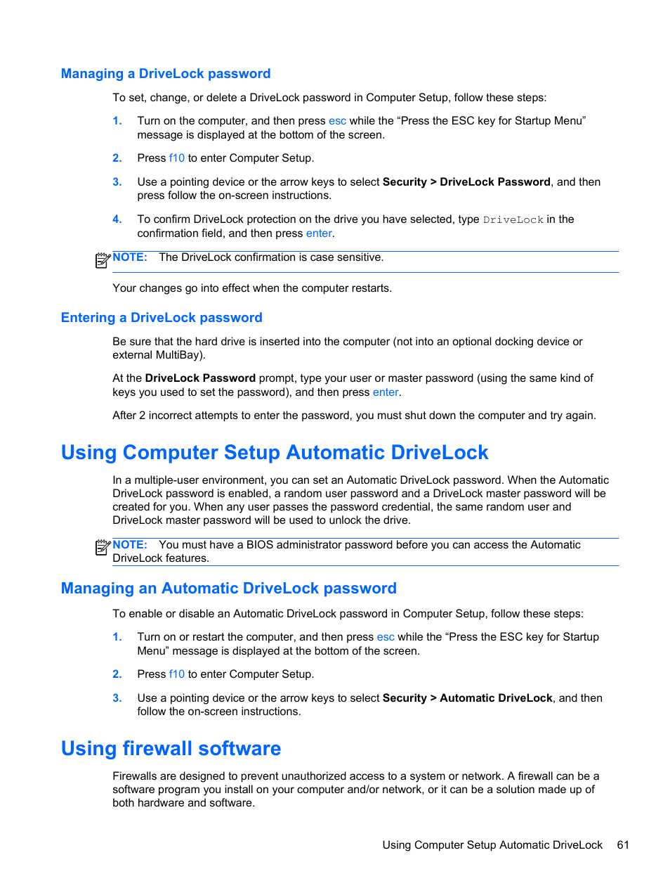 Managing a drivelock password, Entering a drivelock password, Using computer setup automatic drivelock | Managing an automatic drivelock password, Using firewall software | HP EliteBook 2170p Notebook PC User Manual | Page 71 / 100