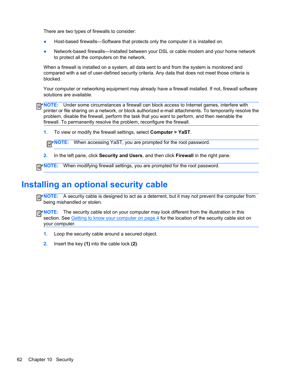 Installing an optional security cable | HP EliteBook 2170p Notebook PC User Manual | Page 72 / 100