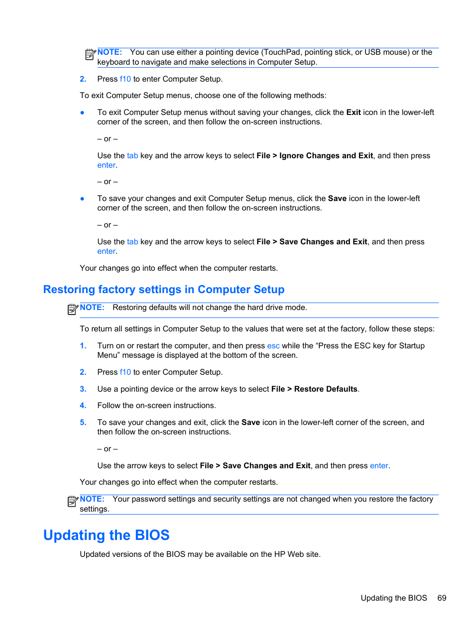 Restoring factory settings in computer setup, Updating the bios | HP EliteBook 2170p Notebook PC User Manual | Page 79 / 100