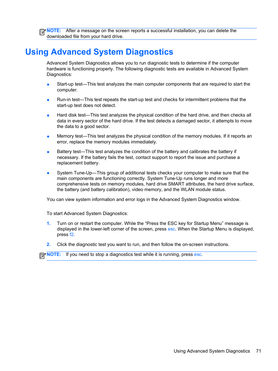 Using advanced system diagnostics | HP EliteBook 2170p Notebook PC User Manual | Page 81 / 100