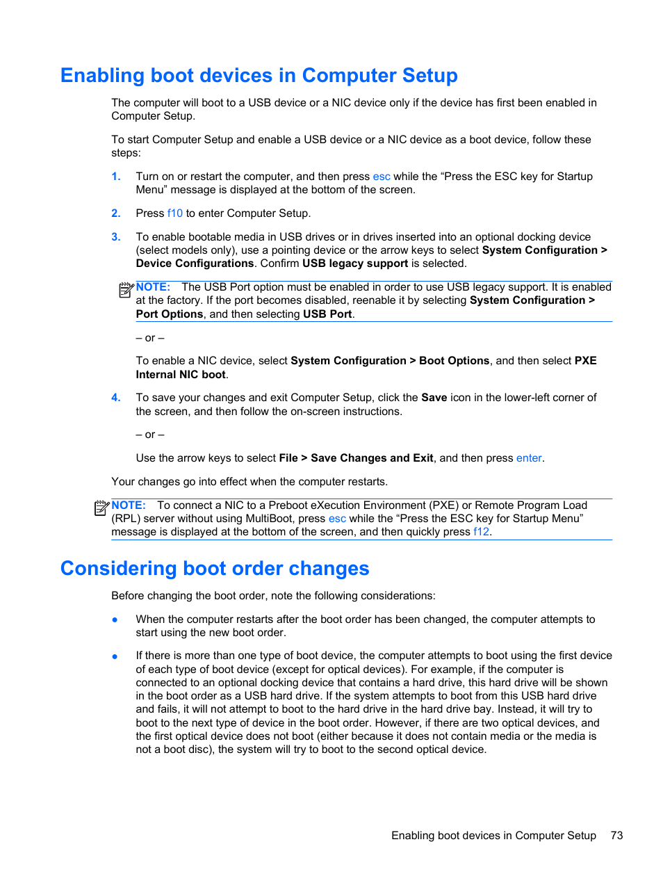 Enabling boot devices in computer setup, Considering boot order changes | HP EliteBook 2170p Notebook PC User Manual | Page 83 / 100